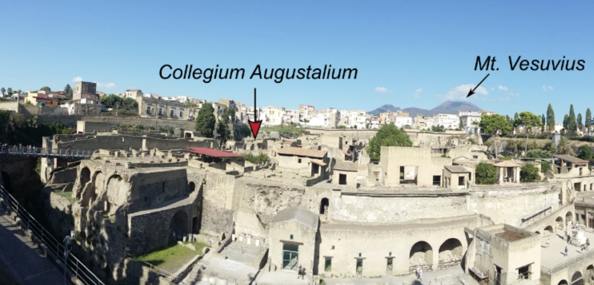 Панорамный вид на руины Геркуланама с вулканом Везувий на заднем плане и расположение Collegium Augustalium в городе. Источник: Nature.