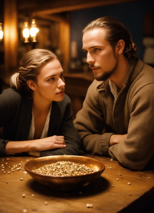 A german man with light brown hair, with his hair slicked back, dressed in casual clothes, is talking to a woman with blue eyes, a scandinavian woman