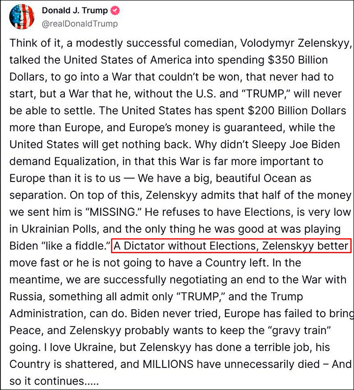    Совсем недавно Трамп называл Зеленского "диктатором без выборов"//Скриншот поста в соцсети Truth Social