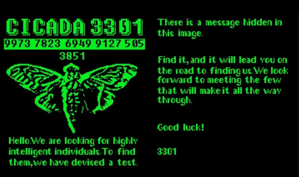 Текст гласит: «Привет. Мы ищем лиц с высоким интеллектом. Для этого мы разработали тест. В этом изображении есть скрытое сообщение. Найдите его, и оно покажет вам, как найти нас. С нетерпением ожидаем тех немногих, которым удастся пройти весь путь. Удачи. 3301»