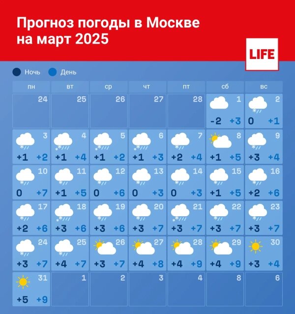 Прогноз погоды в Москве на март 2025. Инфографика © Life.ru