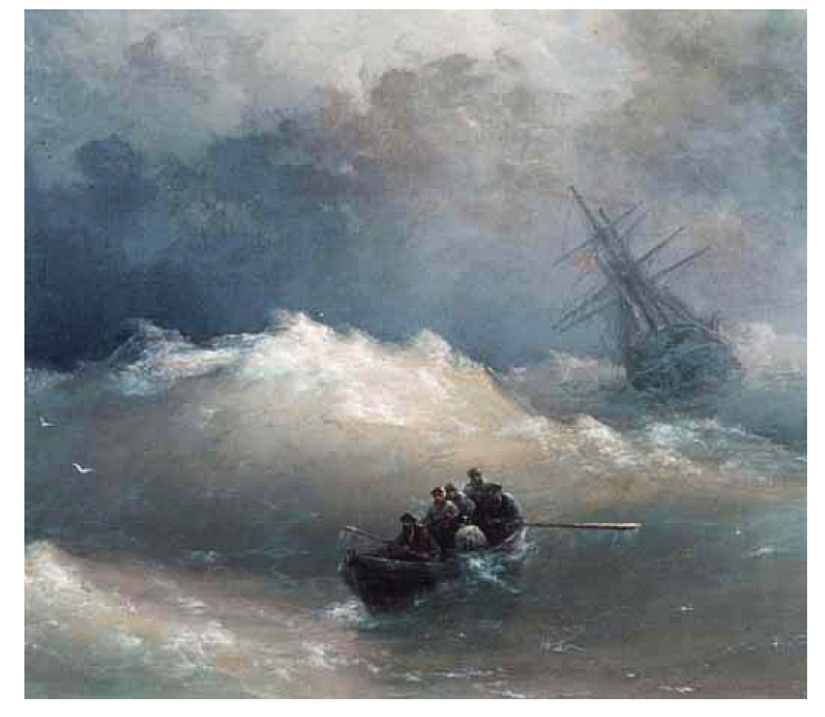 Это буря -- портрет, крутой замес опасности смертельной, надежды выбраться живыми, единой волей подкреплённой. Ален Бомбар доказал, даже один человек может выжить , если не опускает руки . А если каждый за других. то выжить могут все. На то эгрегор существуует.