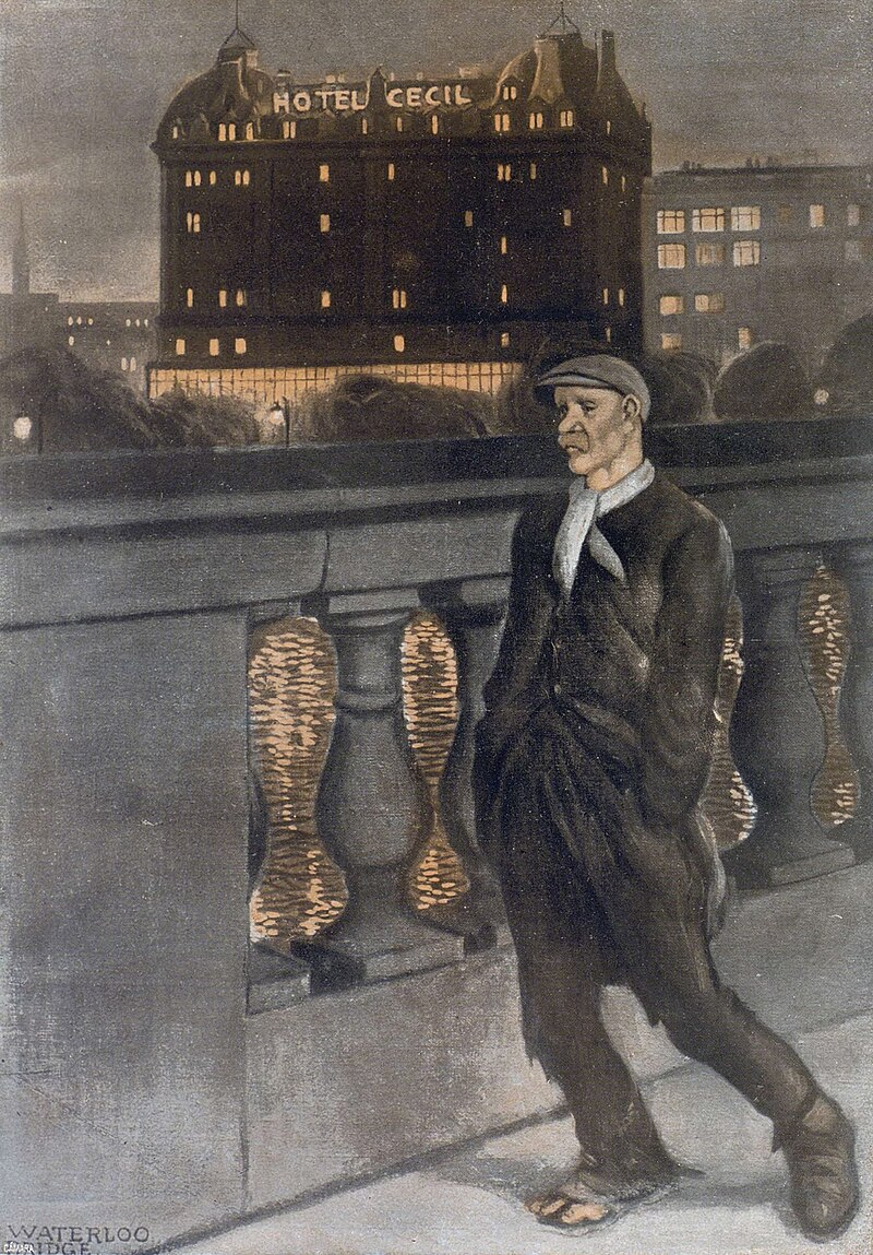 Франсиско Санча  Вечерний вид отеля Сесиль  с моста Ватерлоо. 1914 г. Изображение из  открытых источников