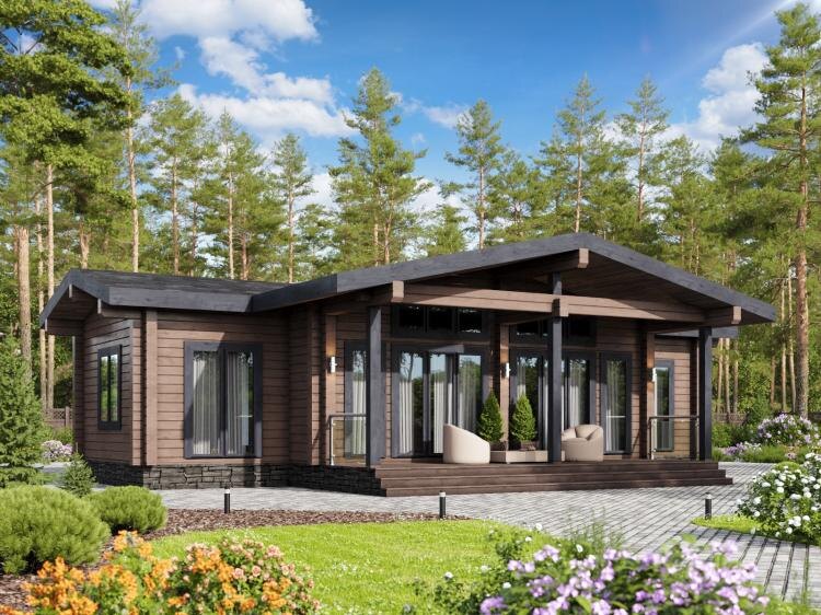 Небольшой одноэтажный домик из клееного бруса.