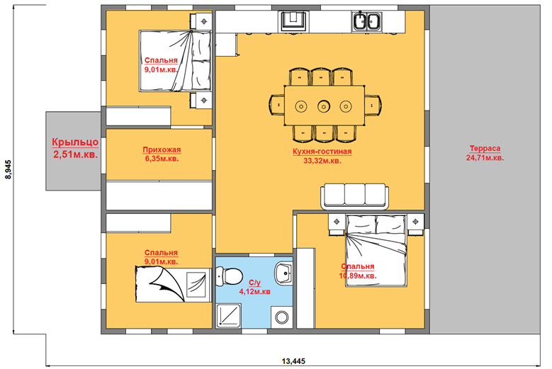 Планировка одноэтажного дома: три спальни.
