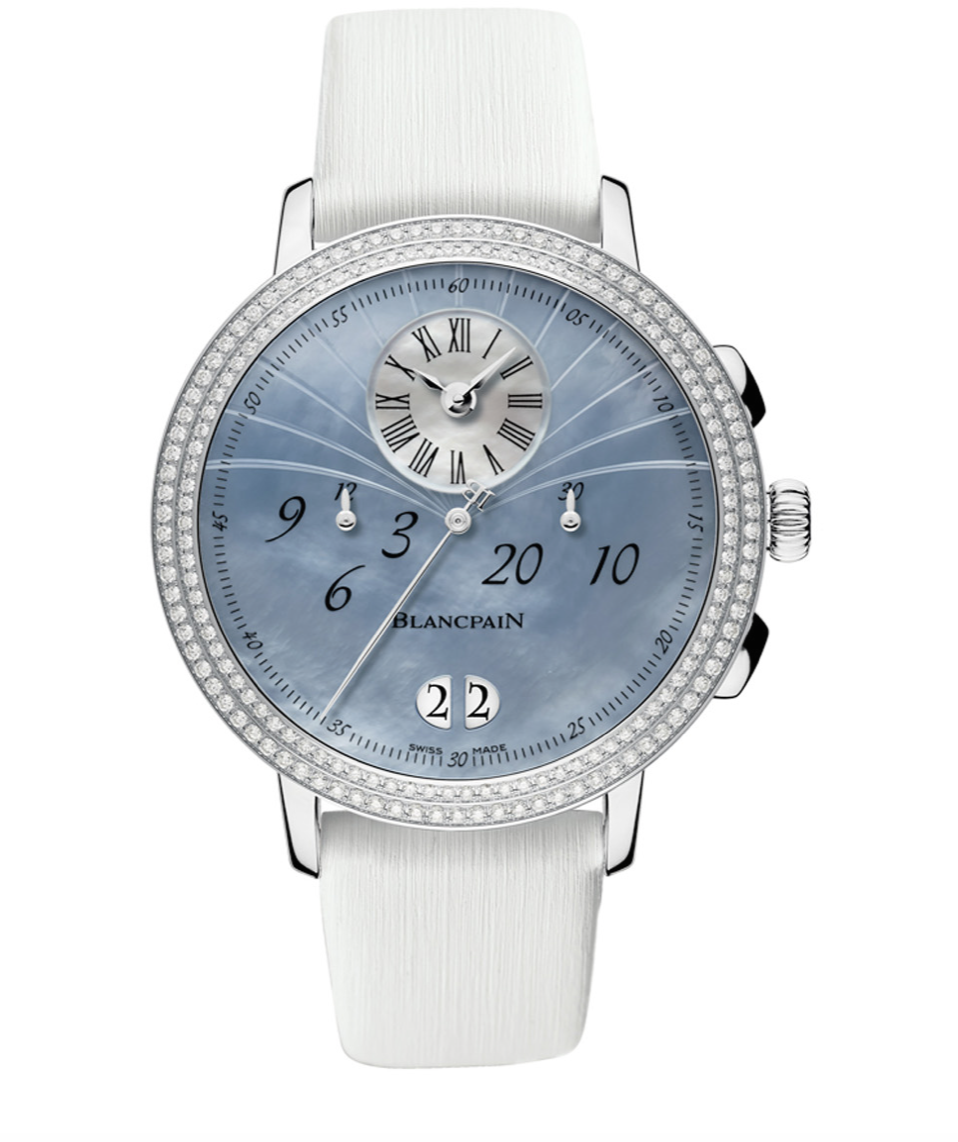 Хронограф Blancpain Ladybird Chronographe Flyback Grande Date в 38.6 мм корусе из стали с функцией Flyback, бриллиантами по безелю и укзателем даты