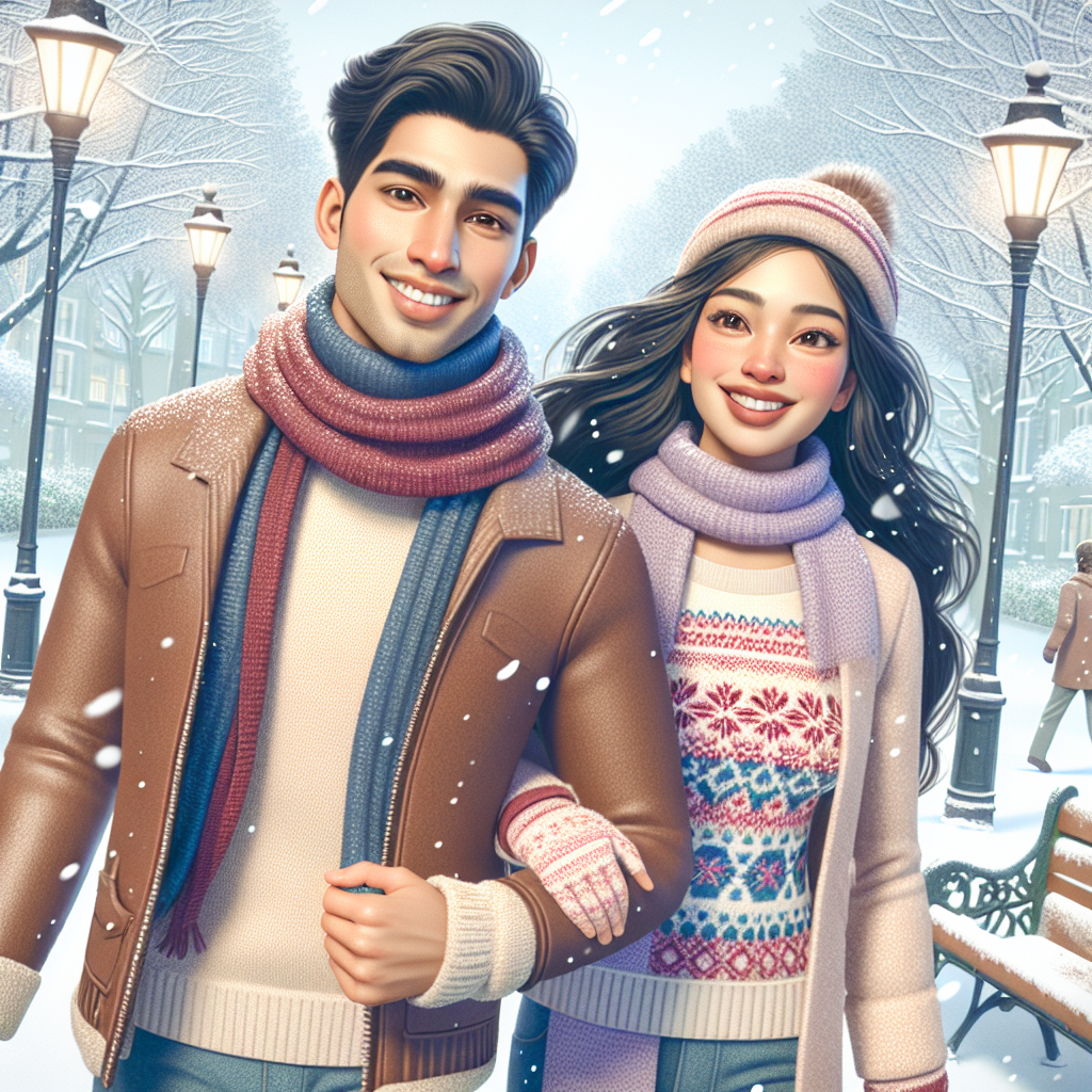 Тепло сердец: пара наслаждается зимней прогулкой. Картинка - ИИ-арт © Надежда Иванова.
