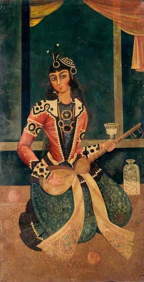 "Персиянка, играющая на уде". Каджарская династия. Начало XVIII в. Масло. Музей Виктории и Альберта, Лондон.