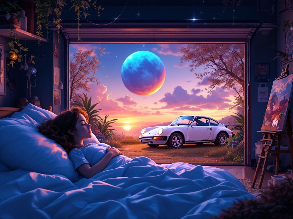    К чему такое снится: Художник рисует сцену с белым автомобилем в гараже, где персонаж изучает, как привести в порядок старую машину своей подруги, стоящую рядом.