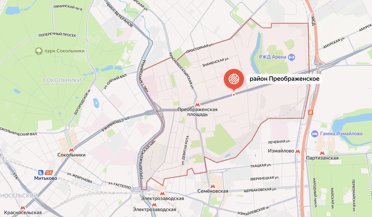 Современные границы района Преображенское на карте Москвы. Яндекс.Карты.