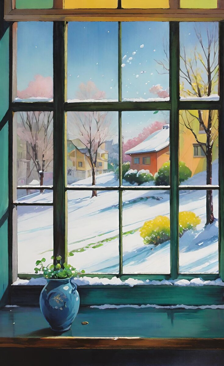 Весенний снег. Иллюстрация создана с помощью нейросети DreamAI и программы Photoshop.