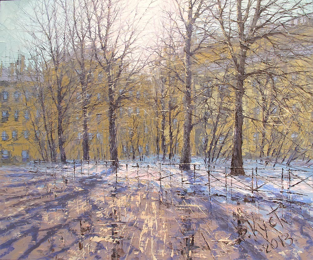 Художник Дмитрий Кустанович. «Весенние тени» из серии «Петербургские дворики», 50x60 см, холст, масло, 2013