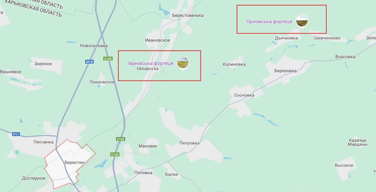 Ивановская крепость на гугл-картах. К северо-востоку - Орловская крепость, место размещения Орловского ландмилицкого полка. 