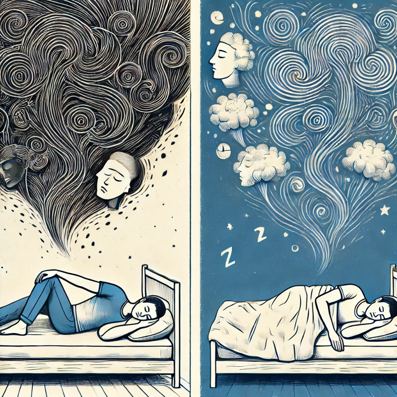 Иллюстрация связи между стрессом и плохим сном: человек с тревожными мыслями, а рядом тот же человек, использующий техники релаксации для засыпания.