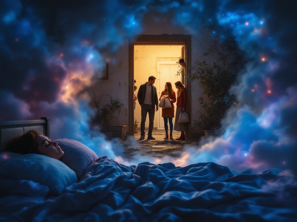    К чему такое снится: На картине изображена группа из четырех человек, скрыто присутствующих в небольшой квартире, которая выглядит старой и запущенной. В дверном проеме стоит мужчина с ж