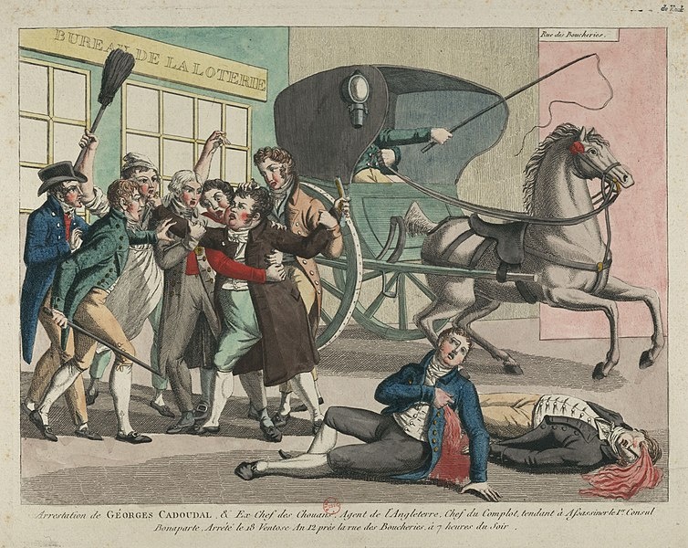 9 марта 1804 года роялист и лидер шуанов Жорж Кадудаль арестован в Париже после убийства одного жандарма и ранения другого. Гравюра неизвестного художника, 19 век.