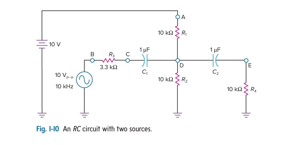Рисунок 1-10. RC-цепь с источниками постоянного и переменного напряжения.