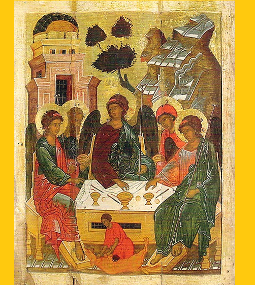 Икона Троицы XVI века из Троице-Герасимовского храма в Вологде. Ангелы - в центре композиции, за ними — Авраам и Сарра, принимавшие гостей согласно книге Бытия в Библии.