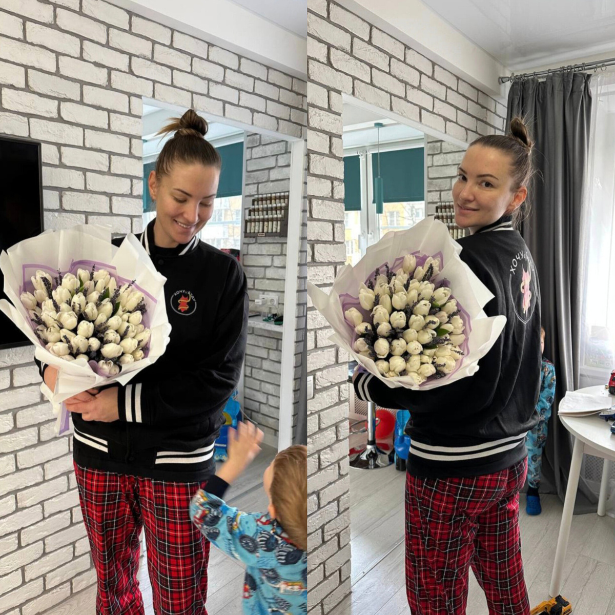 Кстати, вот так вот неожиданно вчера мои девочки поздравили меня с праздником. Мы с Кирюхой вышли спросонья, нечесанные, а тут такой сюрприз! Цветы, бомбер, футболка и шоппер с фирменным лого "Хочу и Буду". Трогательно, люблю своих девочек!❤️