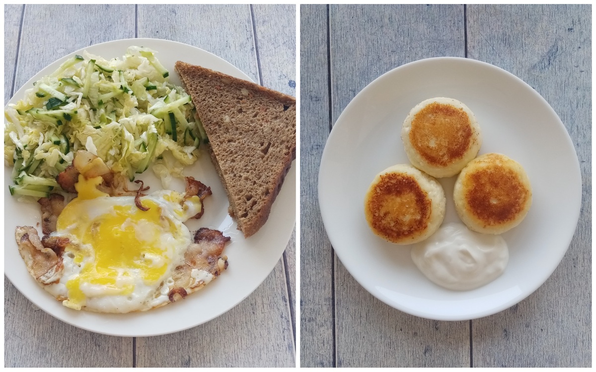 Завтрак. Яичница с беконом, салат, хлеб, сырники со сметаной.