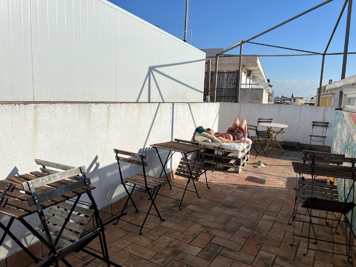 Terrace on the fifth floor of a hostel. Seville, Spain. Photo by the author