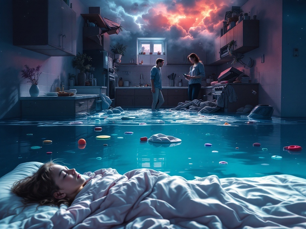    К чему такое снится: На картине изображена кухня с полностью заливающей пол водой; в воде видны плавающие предметы. Мама видна под завалом кухонного шкафа, я стою с телефоном в руке, выг