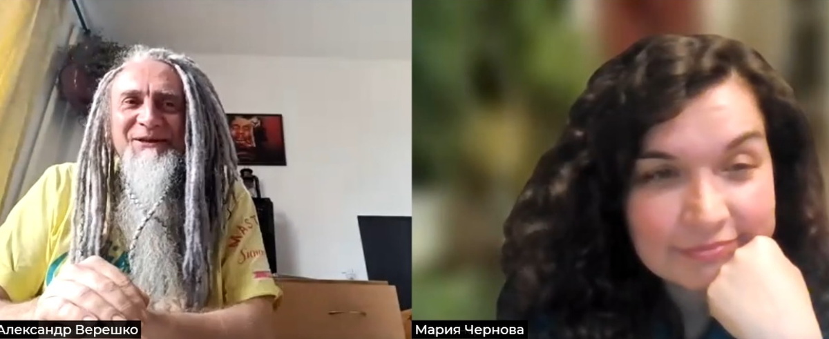 Александр Верешко (барабанщик гр.КОМИТЕТ ОХРАНЫ ТЕПЛА) и Мария Чернова (Сибирское сообщество рок-н-ролла МАШБЮРО). Скриншот видеозаписи интервью