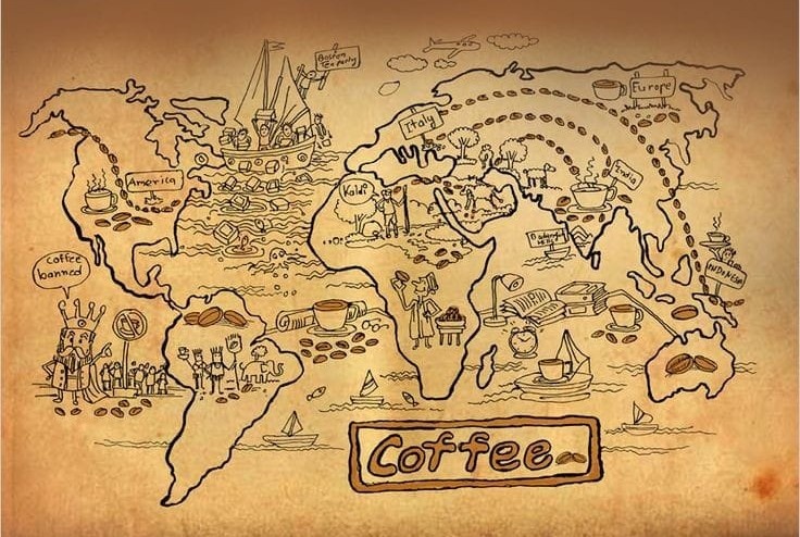 Путешествие кофе из Йемена в Индию. Рисунок Pinterest