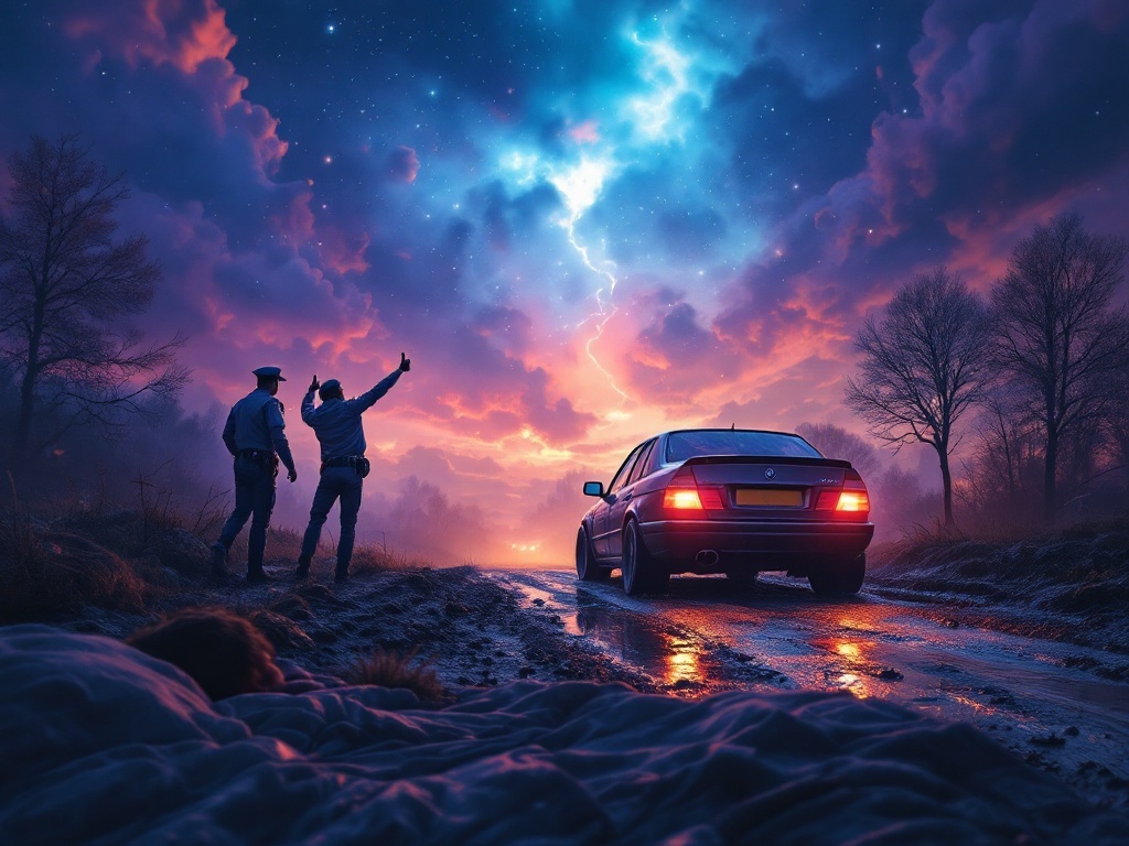    К чему такое снится: На картине изображена сцена, где человек толкает машину с двумя пробитыми задними колесами по грязной дороге, проходя мимо двух офицеров ДПС, которые показывают боль