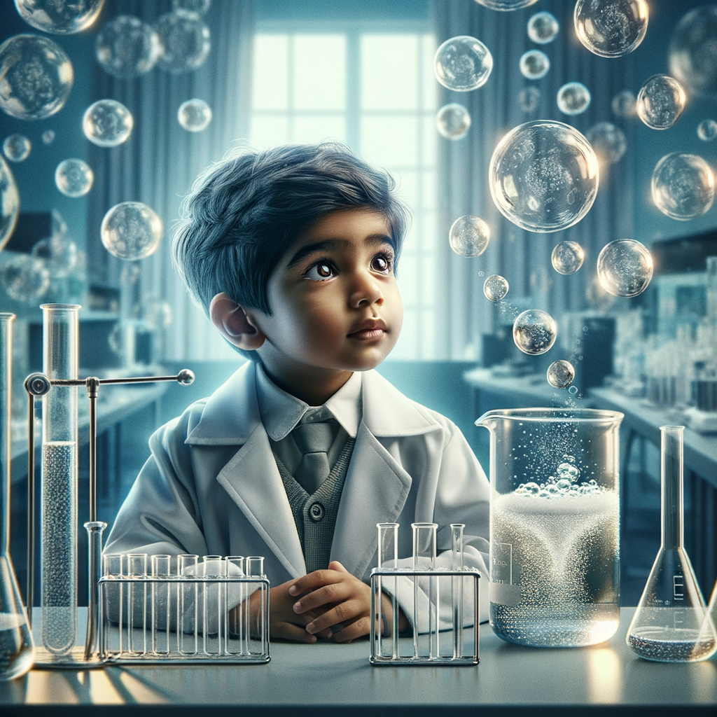 Юный ученый в лабораторном халате проводит эксперимент с химическими веществами, наблюдая за пузырящейся реакцией.