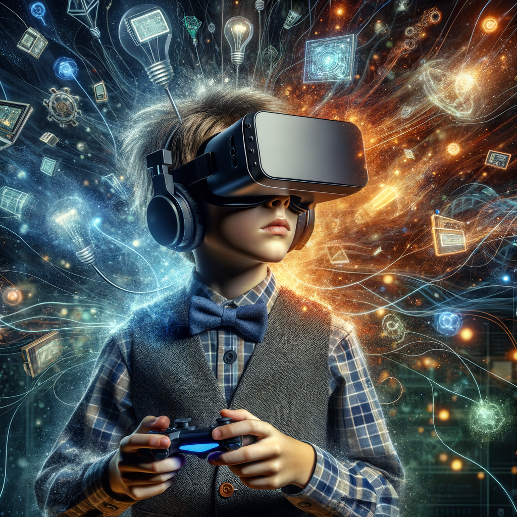 Молодой парень в VR-гарнитуре, погружённый в виртуальный мир с удивительными цифровыми пейзажами.