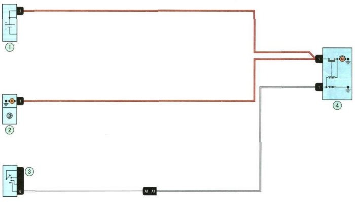 Система пуска двигателя F4R: 1 - аккумуляторная батарея; 2 - генератор; 3 - выключатель (замок) зажигания; 4 - стартер