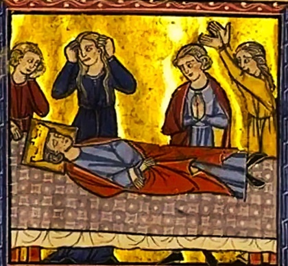 Оплакивание умершего Амори I. Средневековая французская миниатюра. На переднем плане слева стоит с непокрытой головой, дёргая в отчаянии свои распущенные волосы, вдовствующая королева иерусалимская Мария Комнина 