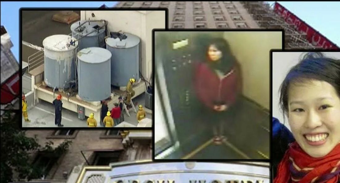 Резервуары с водой на крыше отеля. Коллаж.