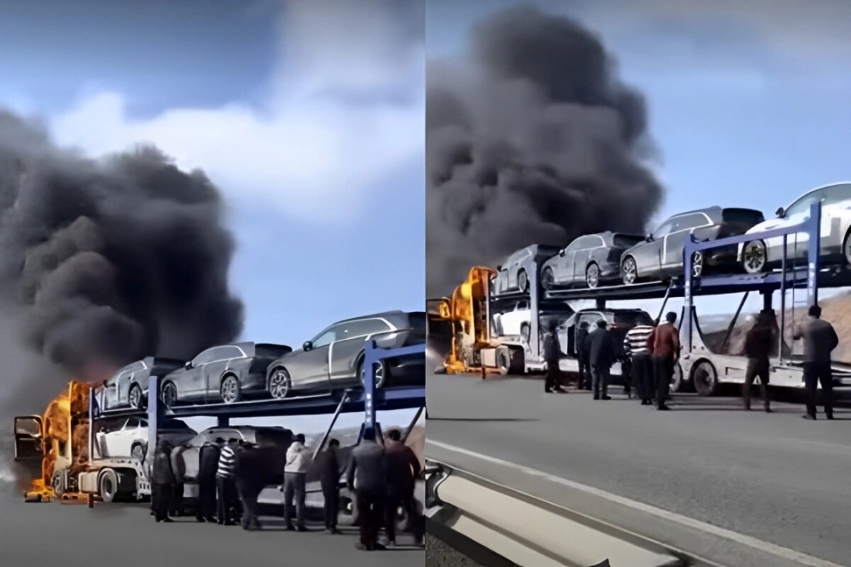 Привезенные в Баку дорогие автомобили загорелись прямо на трассе 