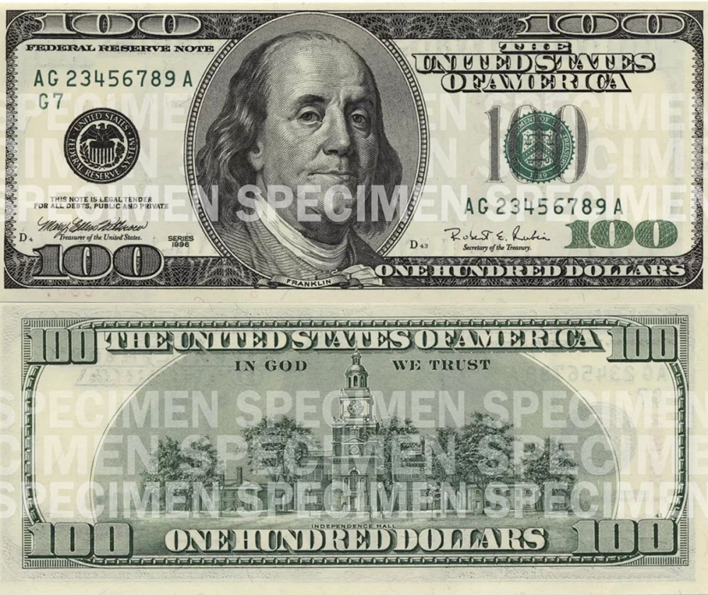    Старые доллары, выпущенные с 1996 по 2006 год. По-прежнему есть чернила, меняющие цвет, а также водяной знак и защитная лента слева от портрета. / Фото: www.uscurrency.gov