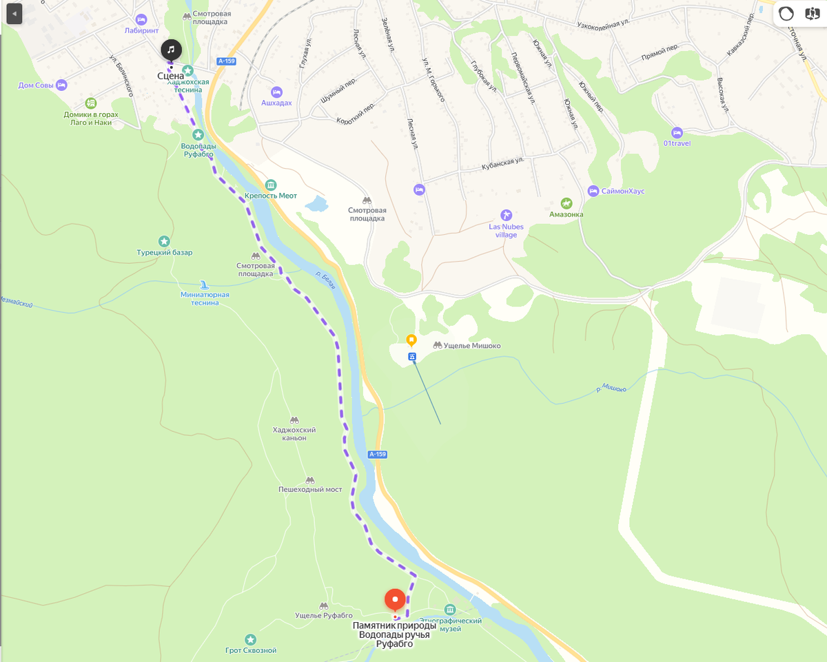 Маршрут от пос. Каменомосткий до водопадов Руфабго