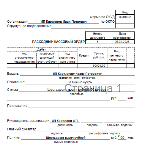 Пример оформления РКО на выдачу денег из кассы. (Источник gl.ru)