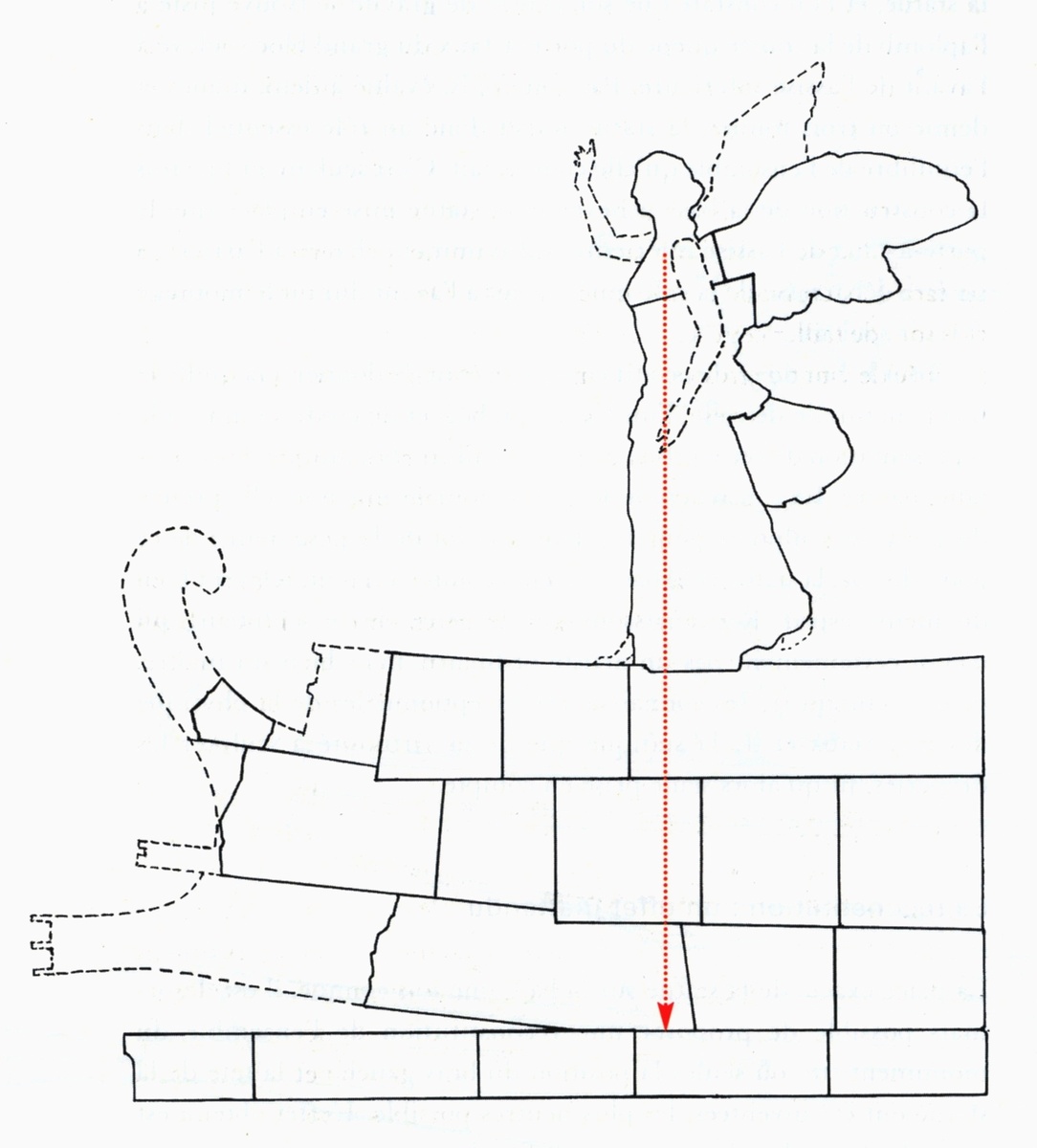 Конструкция собранного памятника, (рисунок В. Форе).
Источник: https://upload.wikimedia.org/wikipedia/commons/4/44/Schéma_de_la_Victoire_de_Samothrace.jpg