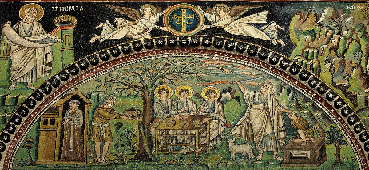 «Гостеприимство Авраама и жертвоприношение Исаака», мозаика, 547 год. Церковь Сан-Витали, Равенна