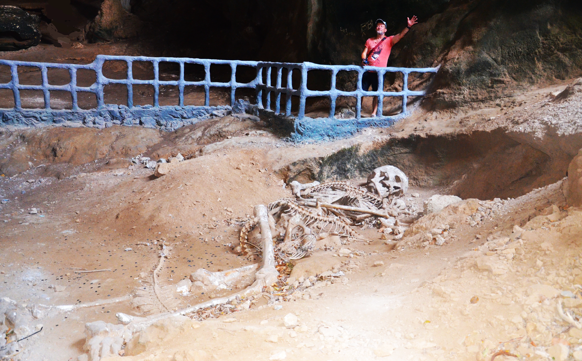 Скелет гиганта в тайской пещере Khao Khanab Nam в провинции Краби. Сзади в красной футболке - это я стою. Фото автора.
