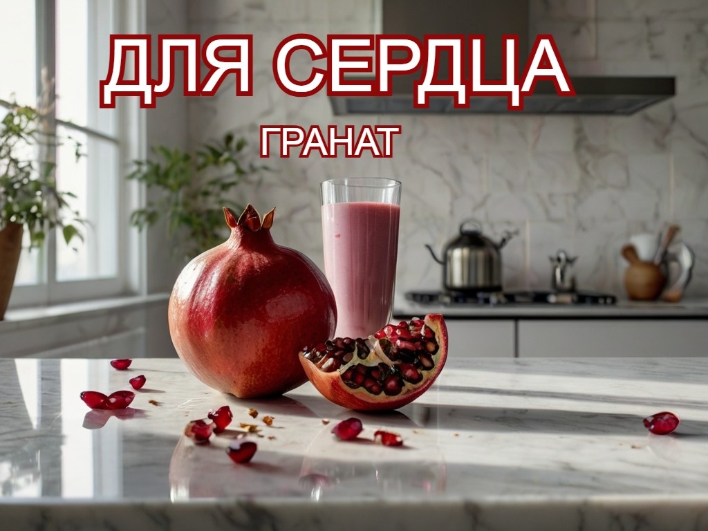 Разрезанный гранат с сочными зёрнами, смузи  для здоровья сердца на мраморном столе современной кухни с панорамными окнами и солнечным светом
