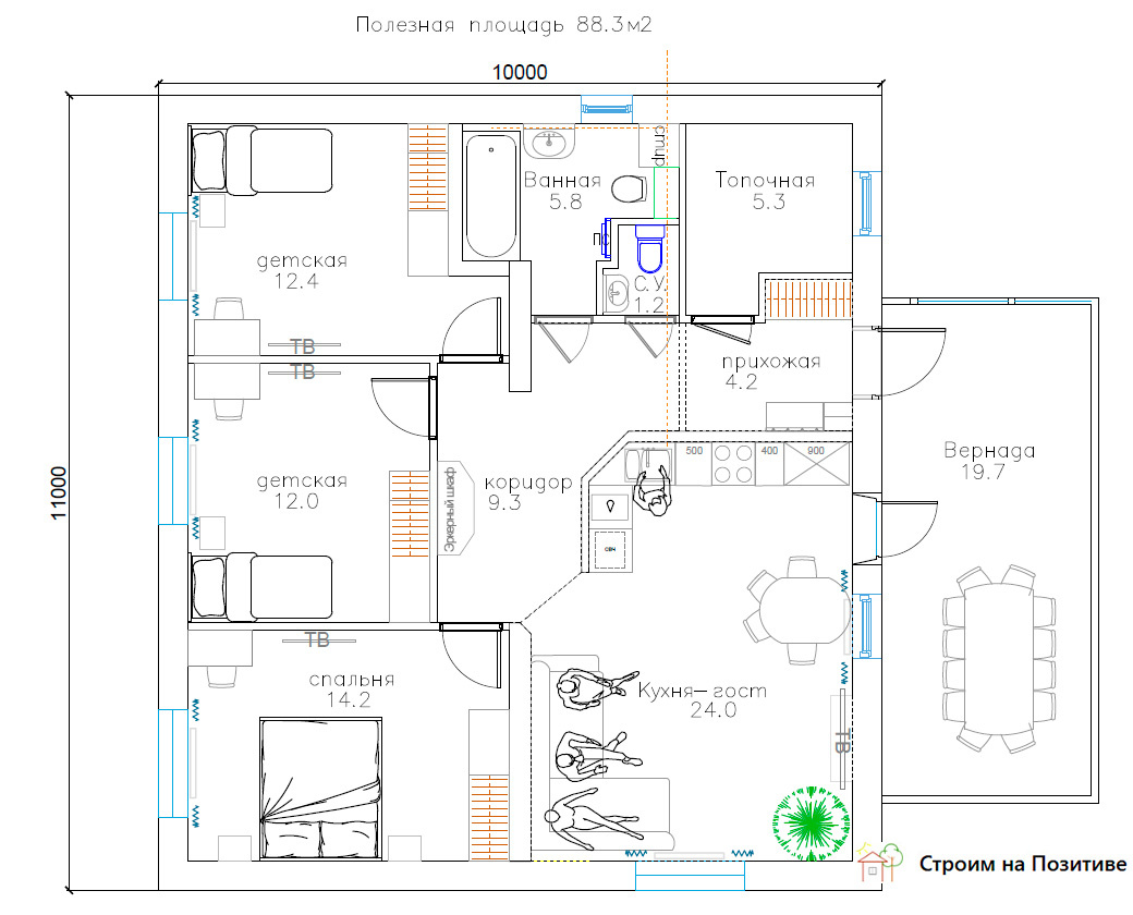 Планировка ожноэтажного дома с 3 спальнями