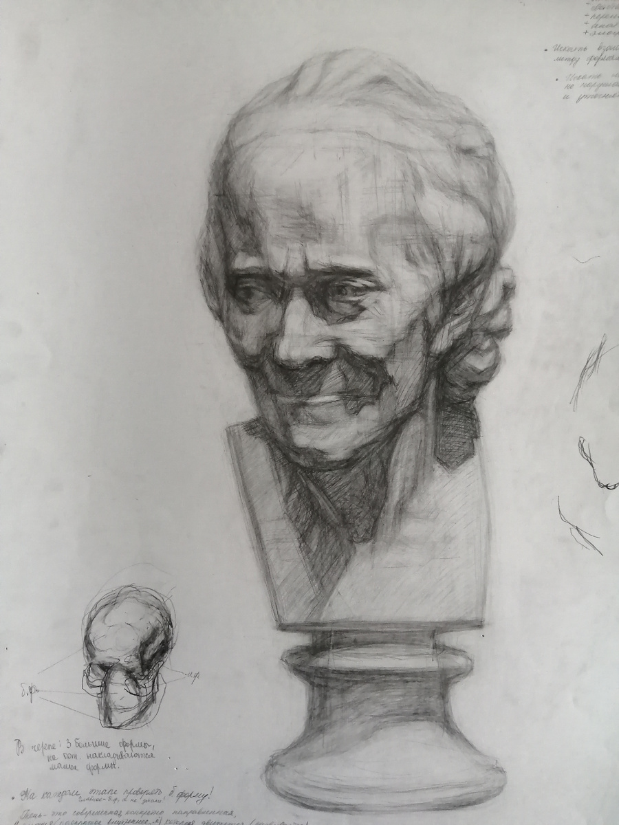 Рисунок гипсовой головы Вольтера.