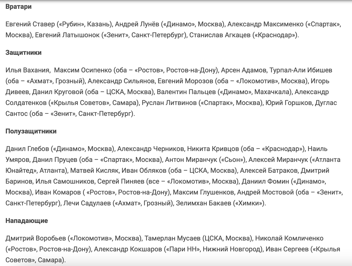 Расширенный список игроков сборной России на мартовский сбор