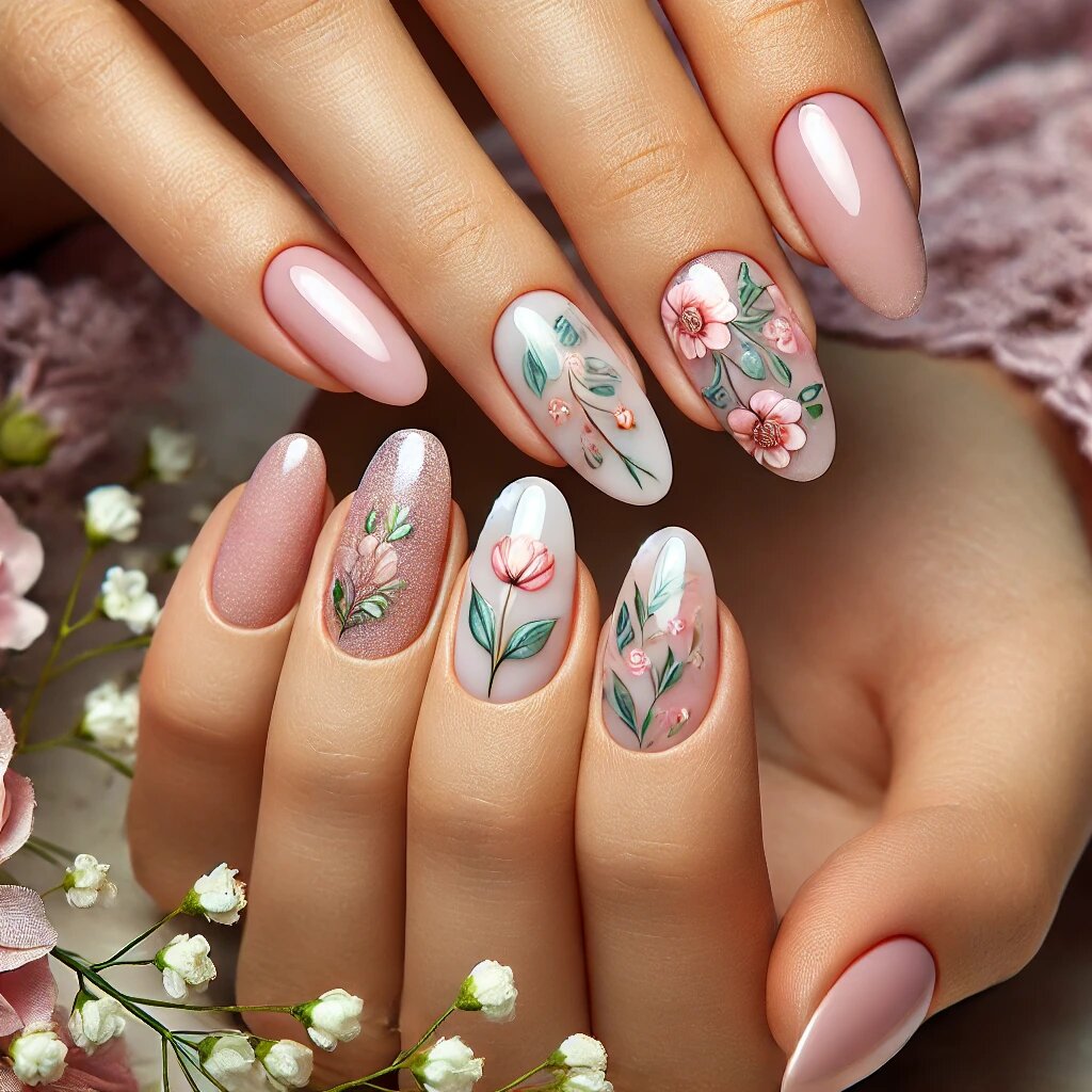 Нежный пастельный маникюр с цветами