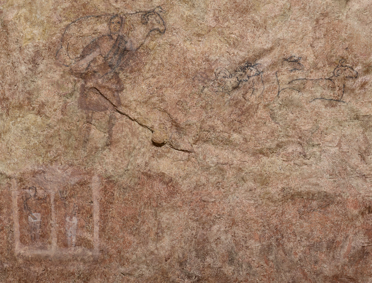 Адам и Ева (внизу слева), Добрый Пастырь (сверху). 233–256. Роспись по сухой штукатурке. Баптистерий дома собраний в Дура-Европос. Художественная галерея Йельского университе 