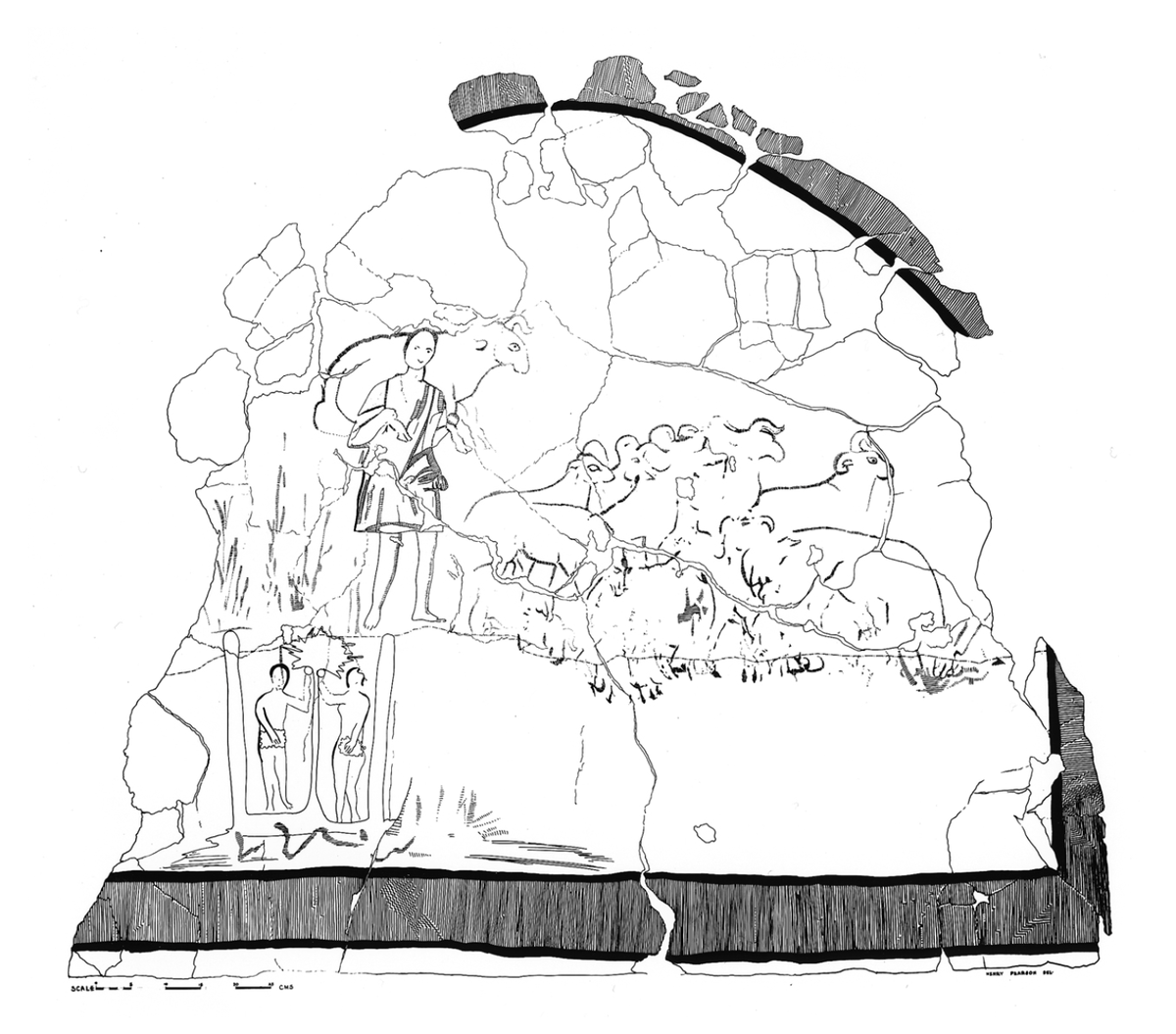 Прорисовка росписи баптистерия дома собраний в Дура-Европос (Сирия). Адам и Ева (внизу слева), Добрый Пастырь (сверху)