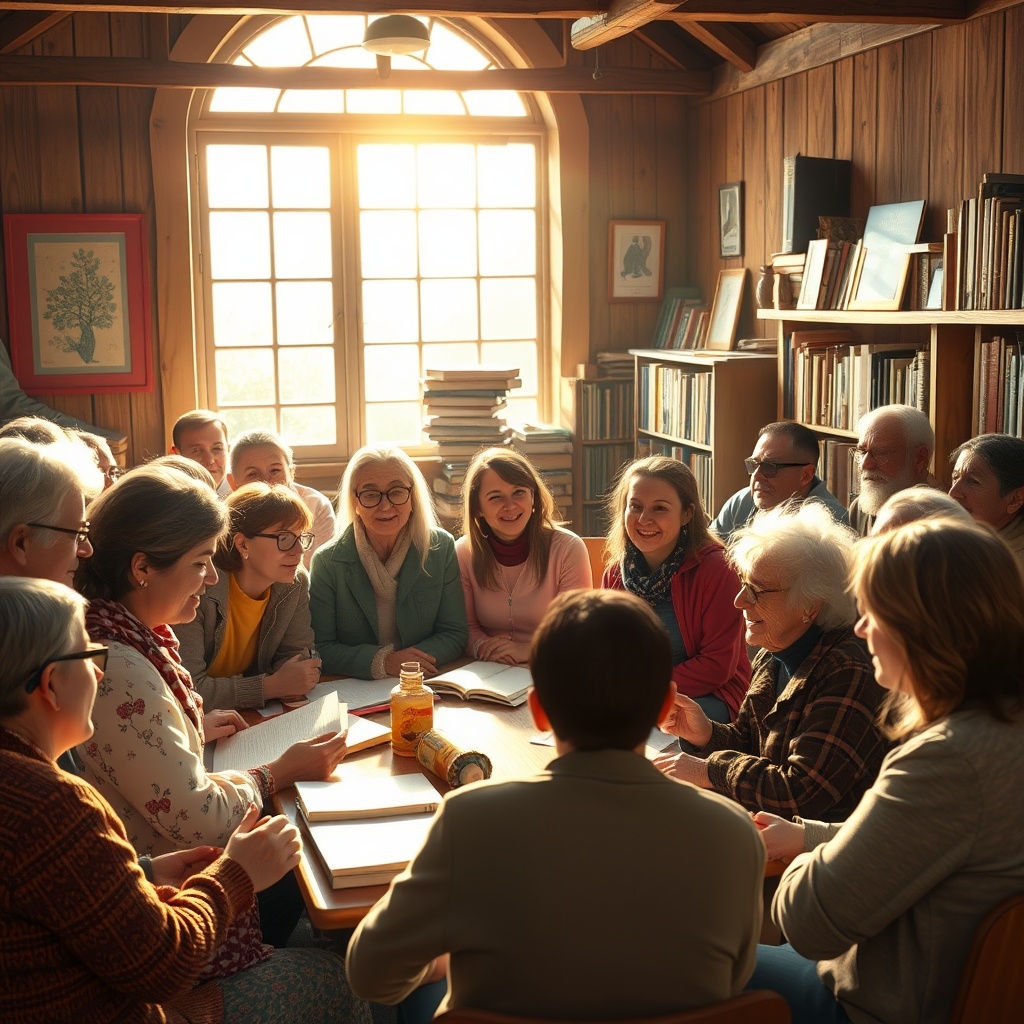 Изображение, на котором запечатлен момент, когда жители маленького провинциального городка собираются на встречу, организованную Анной. Они делятся мечтами и обсуждают пути решения своих проблем, создавая атмосферу тепла и оптимизма.