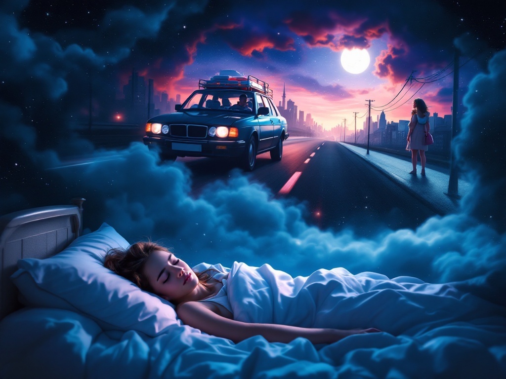    К чему такое снится: На картине изображена переполненная машина, уезжающая из чёрно-белого города. Водитель, мужчина, смотрит в зеркало заднего вида, где видится ярко выраженное негодова